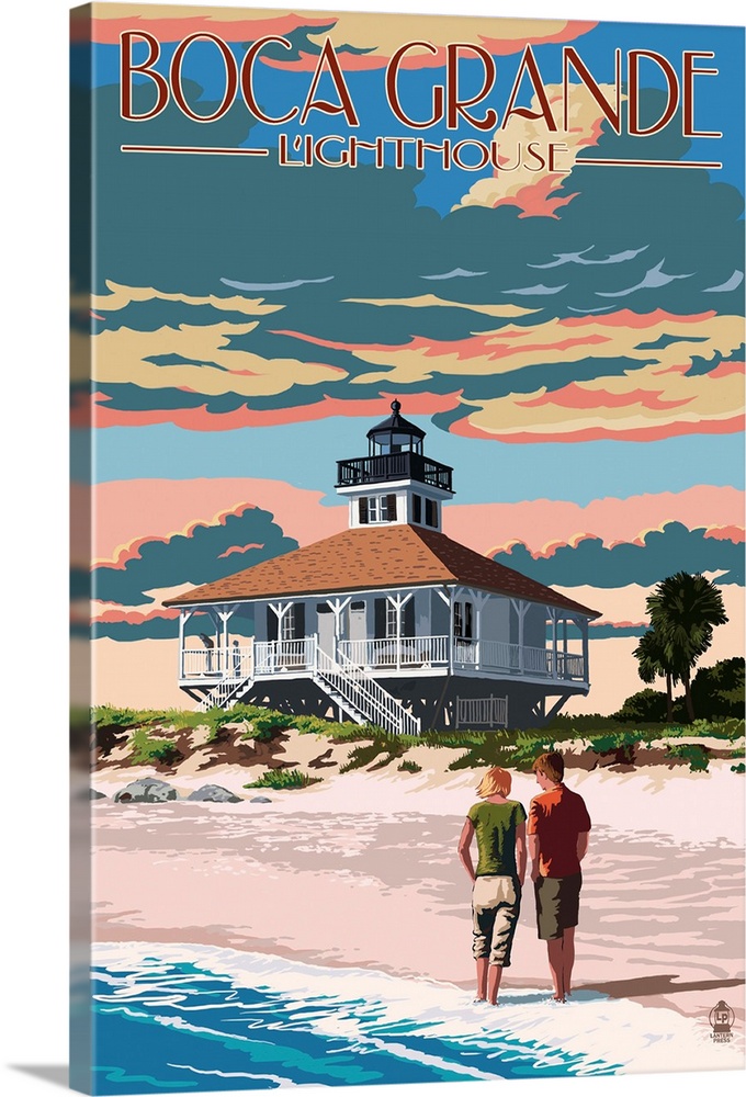 Stylized art poster of a couple walking up the shore of a sandy beach towards a lighthouse.