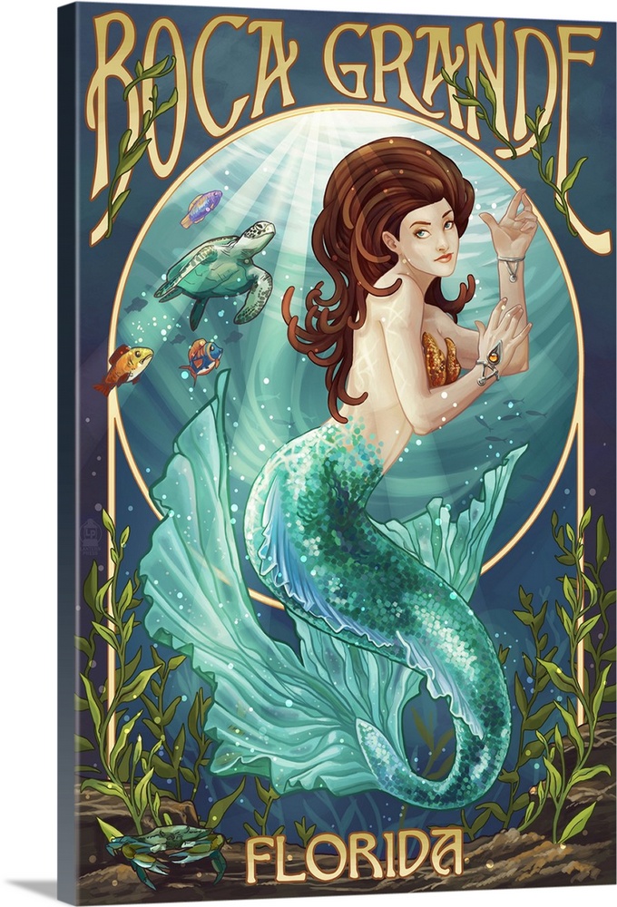 Stylized art poster showing a mermaid swimming underwater.