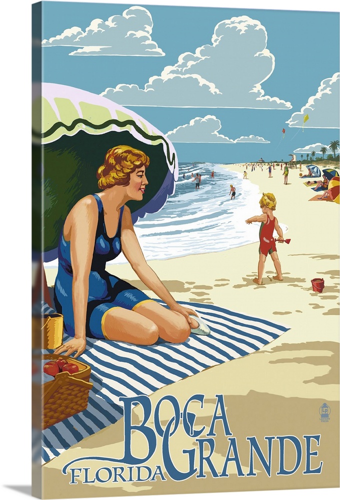 Stylized art poster showing a blonde lady in swimwear sitting on a towel beneath an umbrella watching her child play.