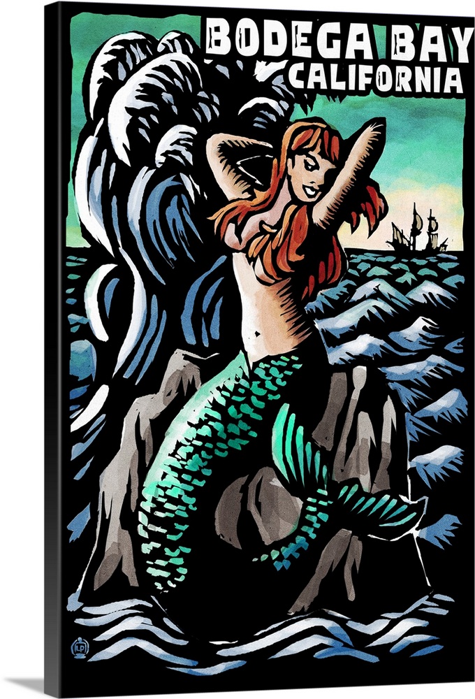 Bodega Bay, California, Mermaid, Scratchboard