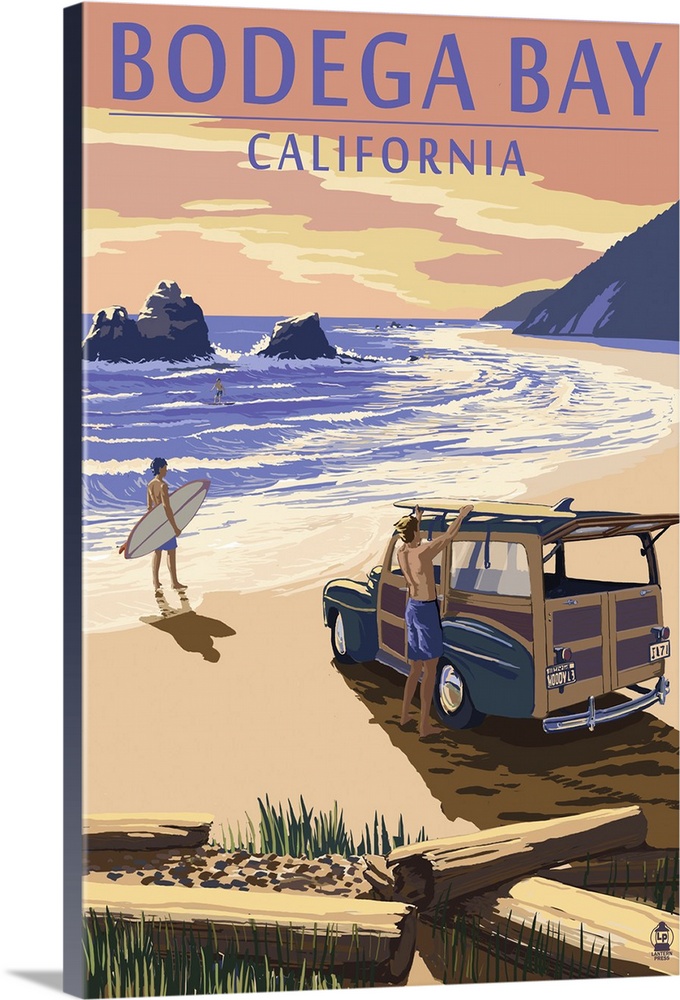 Bodega Bay, California - Woody on Beach: Retro Travel Poster