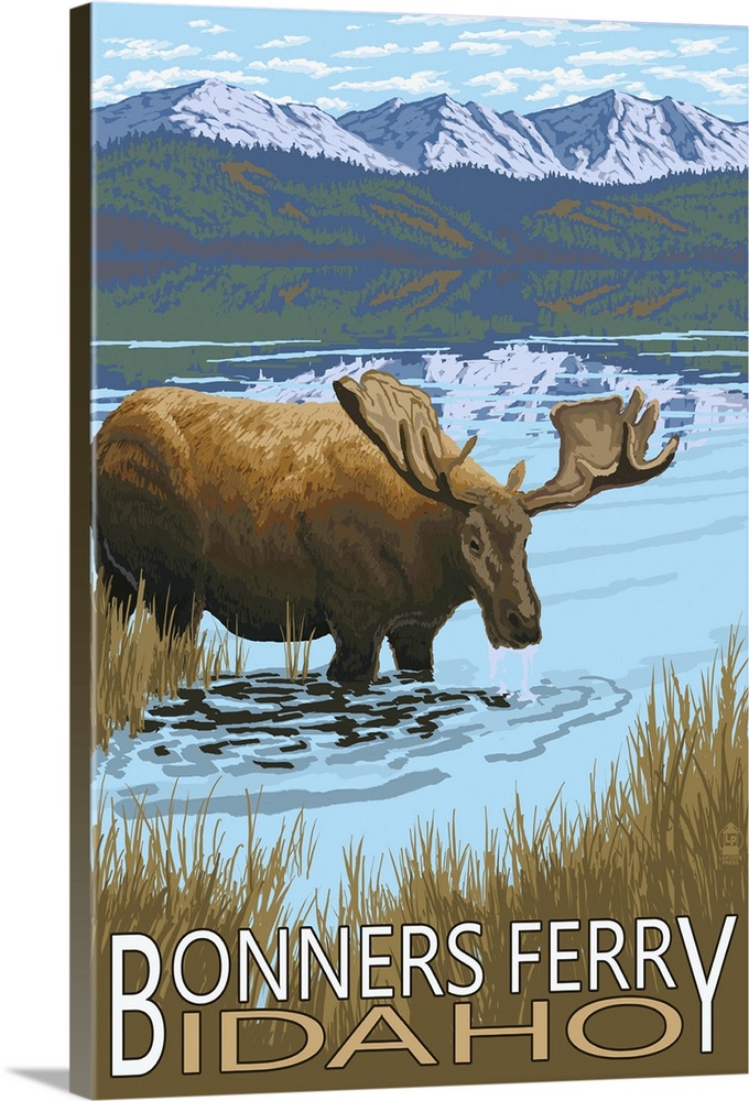 Retro stylized art poster of a moose wading through a marshy pond lined by forest and snow covered mountains.