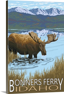 Bonners Ferry, Idaho - Moose and Lake: Retro Travel Poster