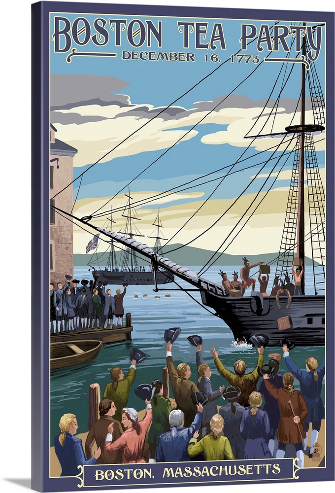 Retro stylized art poster of a ship pulling into a harbor, with crowds of people watching.