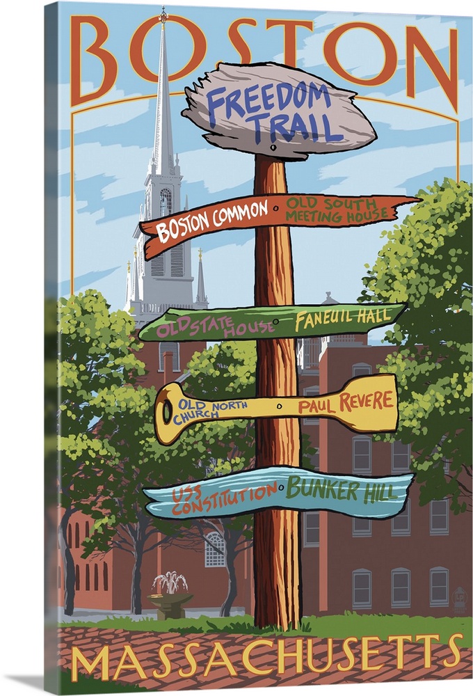 Boston, Massachusetts - Freedom Trail Sign Destinations: Retro Travel Poster