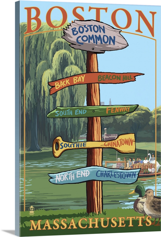 Boston, Massachusetts - Neighborhoods Sign Destinations: Retro Travel Poster