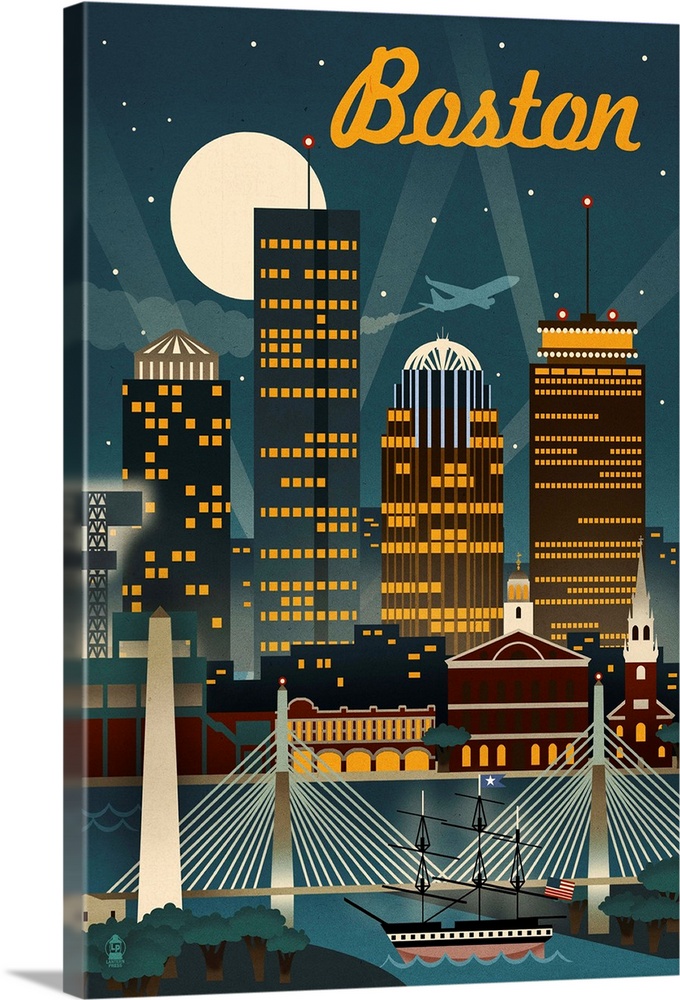 Boston, Massachusetts - Retro Skyline: Retro Travel Poster