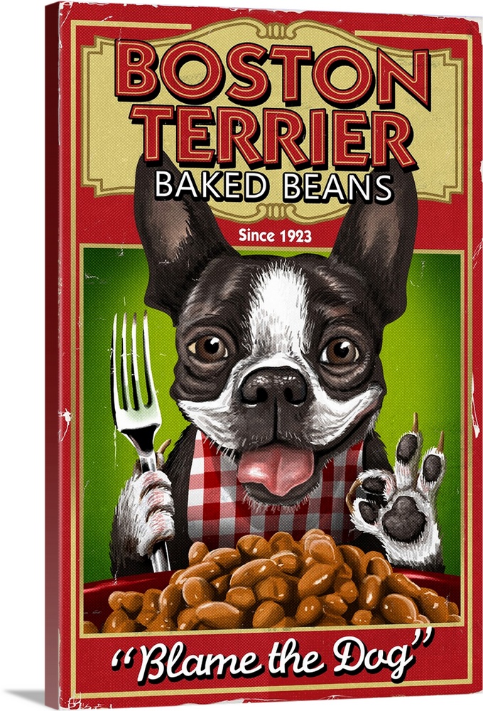 Amusing advertisement for baked beans with a smiling Boston Terrier Dog.