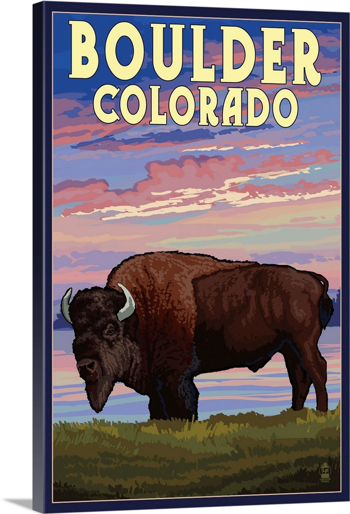 Boulder, Colorado - Bison and Sunset: Retro Travel Poster