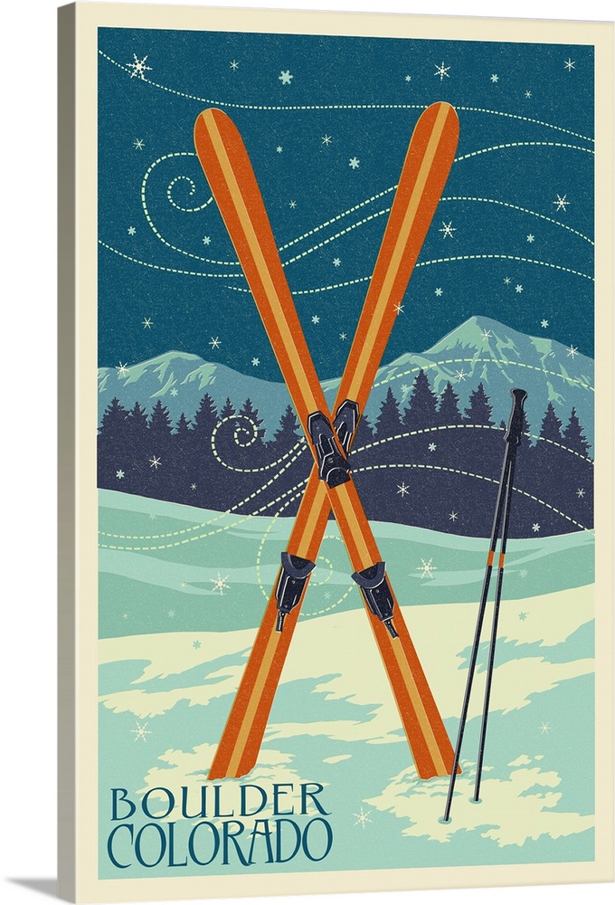 Boulder, Colorado - Crossed Skis - Letterpress: Retro Travel Poster