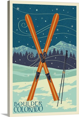 Boulder, Colorado - Crossed Skis - Letterpress: Retro Travel Poster