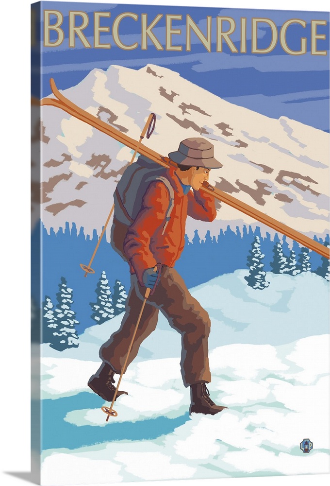 Breckenridge, CO - Skier Carrying: Retro Travel Poster