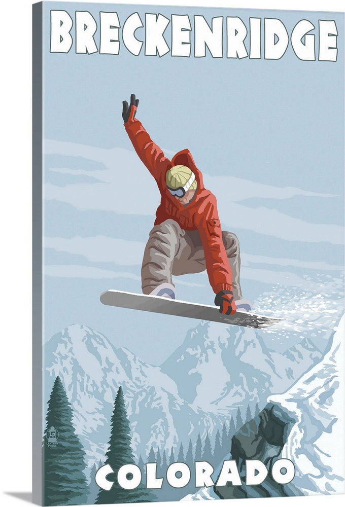 Breckenridge, Colorado - Snowboarder Jumping: Retro Travel Poster