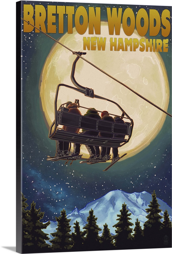 Bretton Woods, NH - Ski Lift and Full Moon: Retro Travel Poster