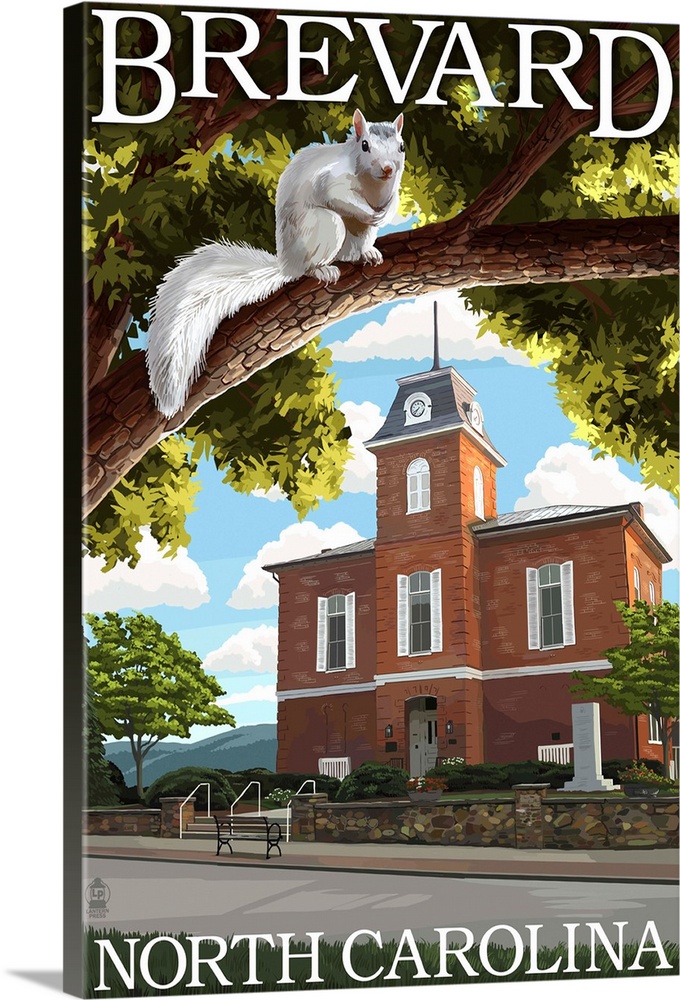 Brevard, North Carolina - Courthouse and White Squirrel: Retro Travel Poster