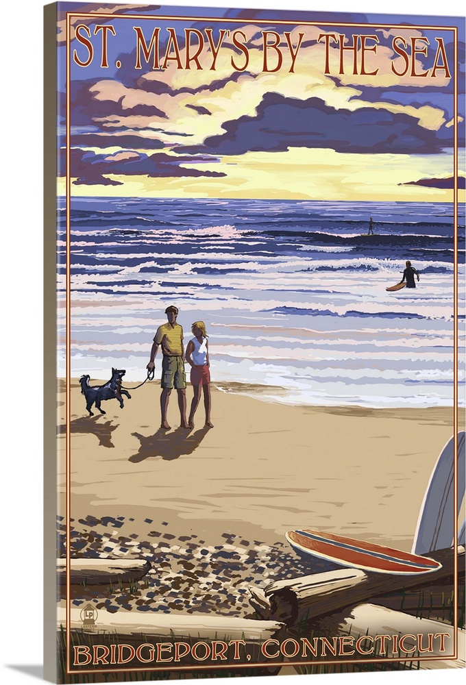 Bridgeport, Connecticut - Beach and Sunset : Retro Travel Poster
