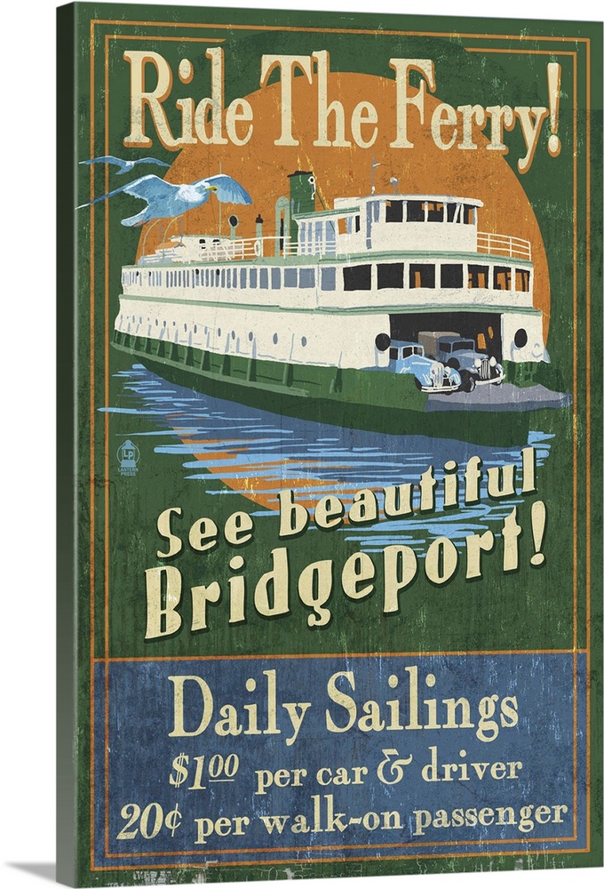 Bridgeport, Connecticut - Ferry Ride Vintage Sign: Retro Travel Poster