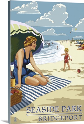 Bridgeport, Connecticut - Woman on the Beach: Retro Travel Poster