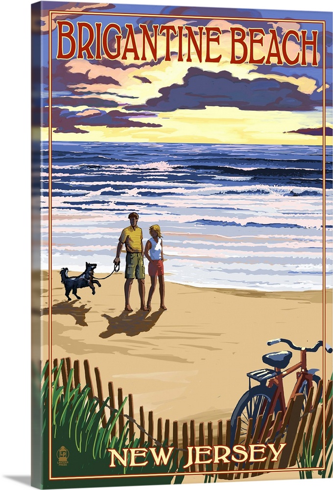 Brigantine Beach, New Jersey - Beach and Sunset: Retro Travel Poster