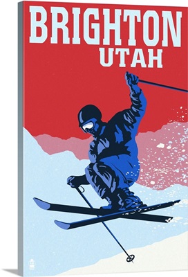 Brighton Resort, Utah - Colorblocked Skier: Retro Travel Poster
