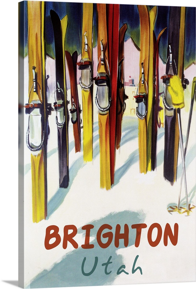 Brighton Resort, Utah - Colorful Skis: Retro Travel Poster