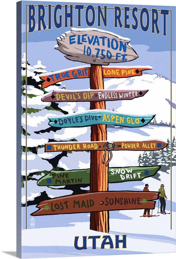 Brighton Resort, Utah - Ski Signpost: Retro Travel Poster
