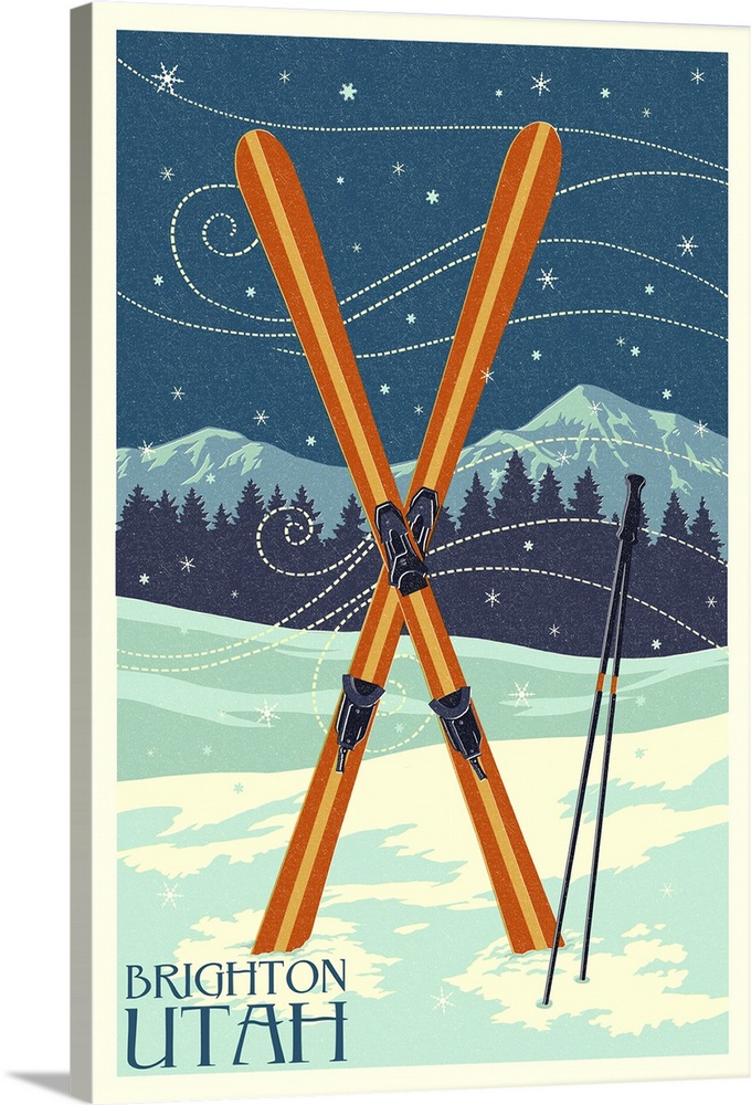 Brighton, Utah - Crossed Skis - Letterpress: Retro Travel Poster