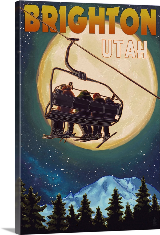 Brighton, Utah - Ski Lift and Full Moon: Retro Travel Poster