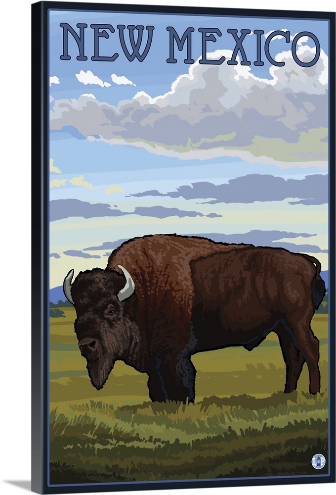 Retro stylized art poster of a bison on the plains, with clouds in the sky overhead.