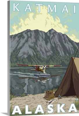 Bush Plane and Fishing - Katmai, Alaska: Retro Travel Poster