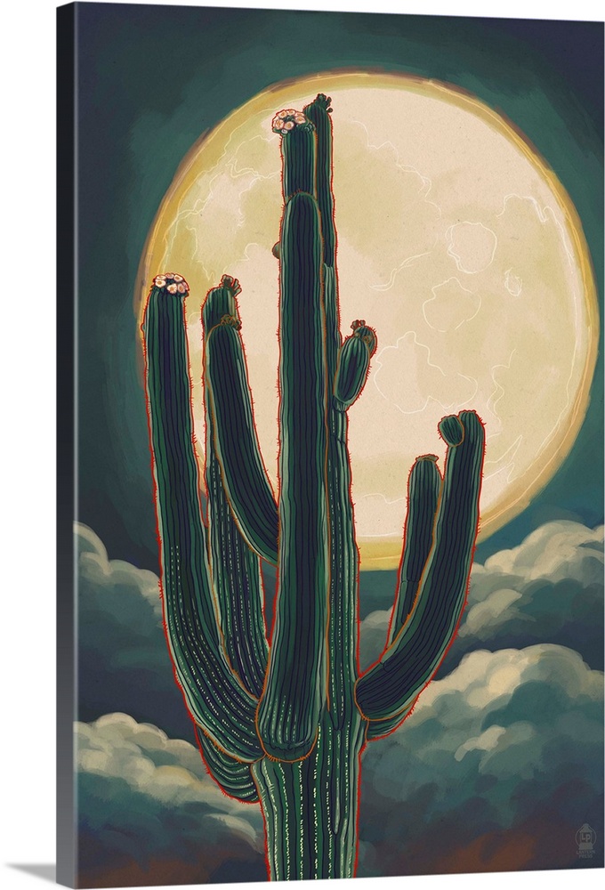 Cactus and Full Moon: Retro Poster Art