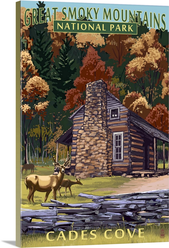 Cades Cove and John Oliver Cabin  - Great Smoky Mountains, TN: Retro Travel Poster