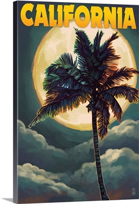California - Palms and Moon: Retro Travel Poster