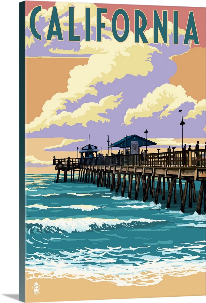 California - Pier Scene: Retro Travel Poster