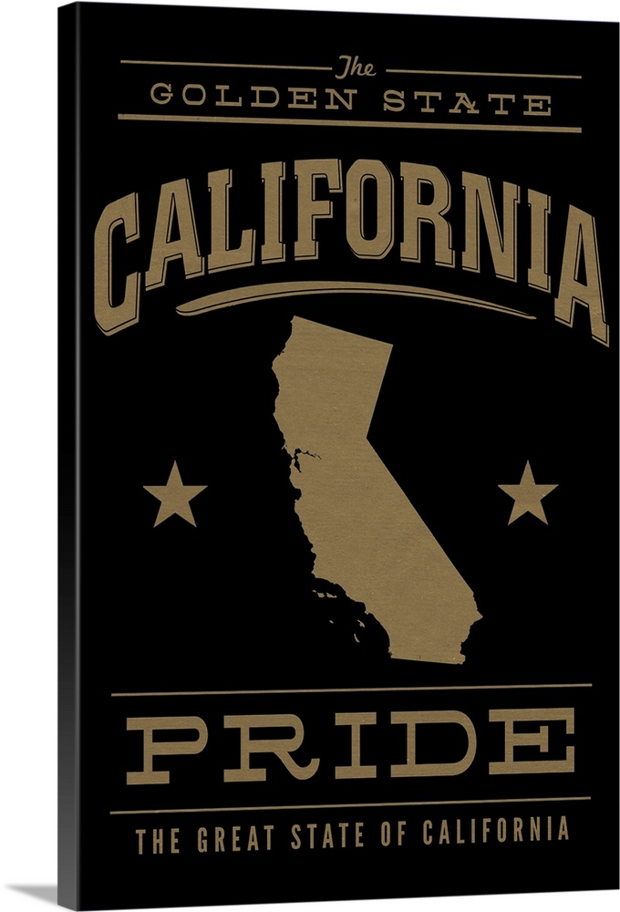 The California state outline on black with gold text.
