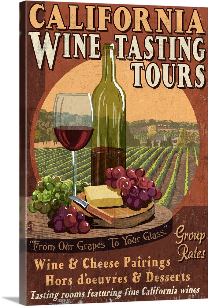 A retro stylized art poster advertising vineyard tours with a bottle, glass of vine, grapes, and block of cheese.