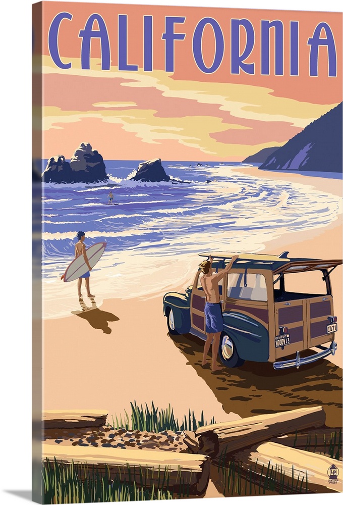 California - Woody On The Beach: Retro Travel Poster