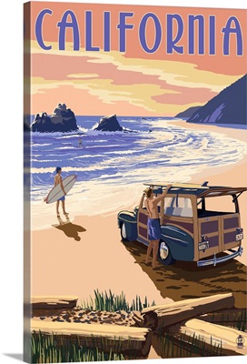 California - Woody On The Beach: Retro Travel Poster