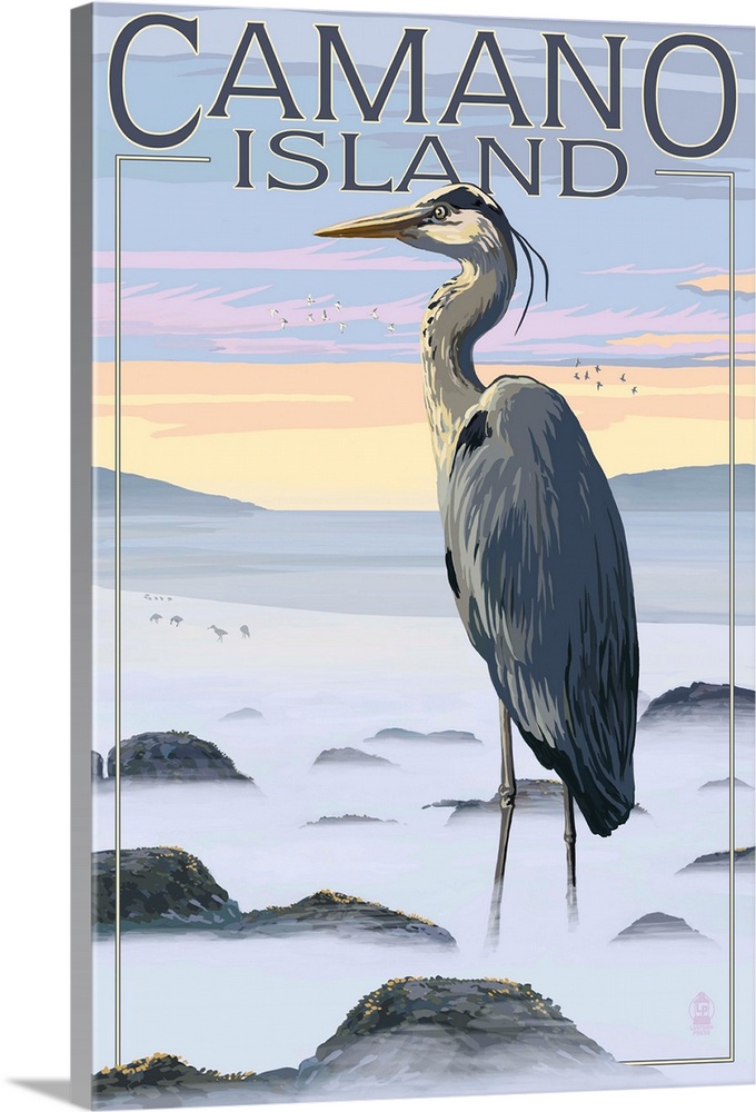 Retro stylized art poster of a blue heron standing in hazy rocky landscape.