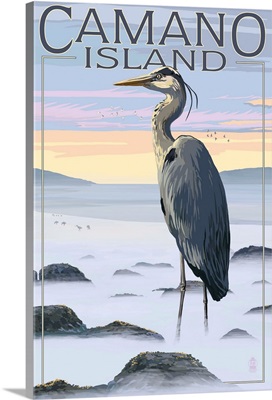 Camano Island, Washington - Blue Heron and Fog: Retro Travel Poster