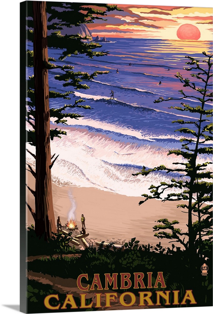 Cambria, California - Sunset and Surfers : Retro Travel Poster