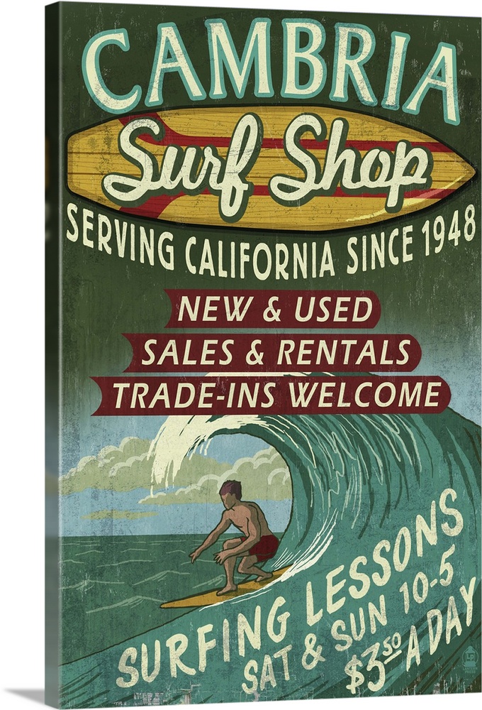 Cambria, California - Surf Shop Vintage Sign: Retro Travel Poster