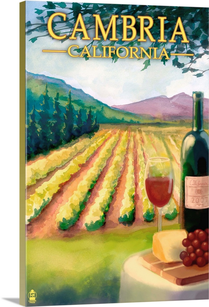 Retro stylized art poster of a glass of red wine in the foreground, and a vineyard in the background.