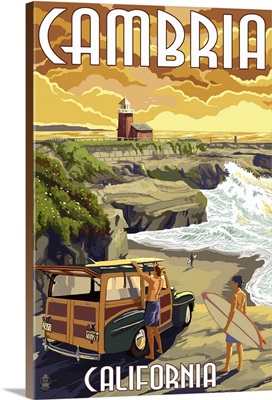 Cambria, California - Woody and Lighthouse: Retro Travel Poster