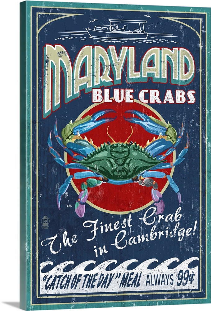 Retro stylized art poster of a vintage seafood market sign displaying a blue crab.