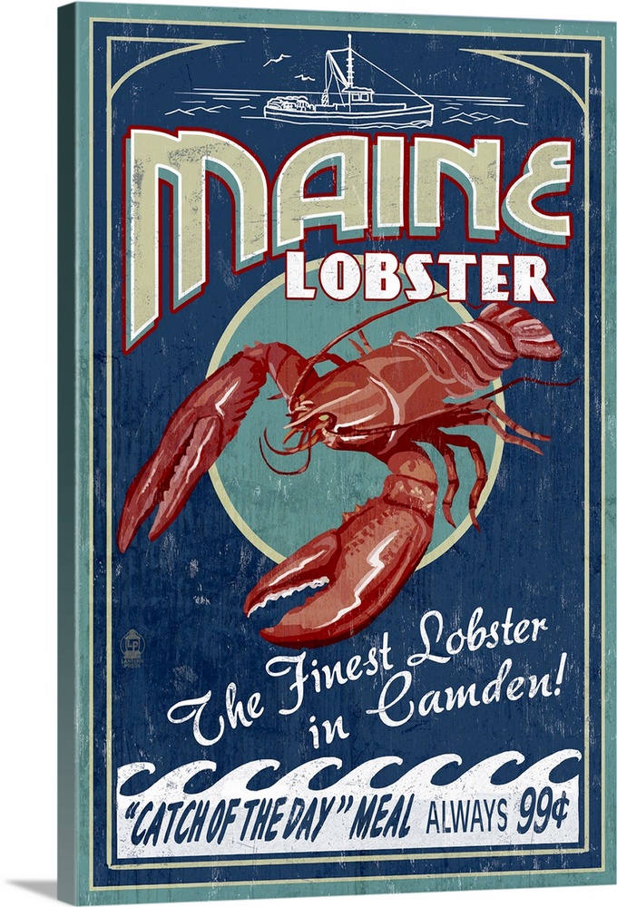 Retro stylized art poster of a vintage seafood market sign displaying a lobster.