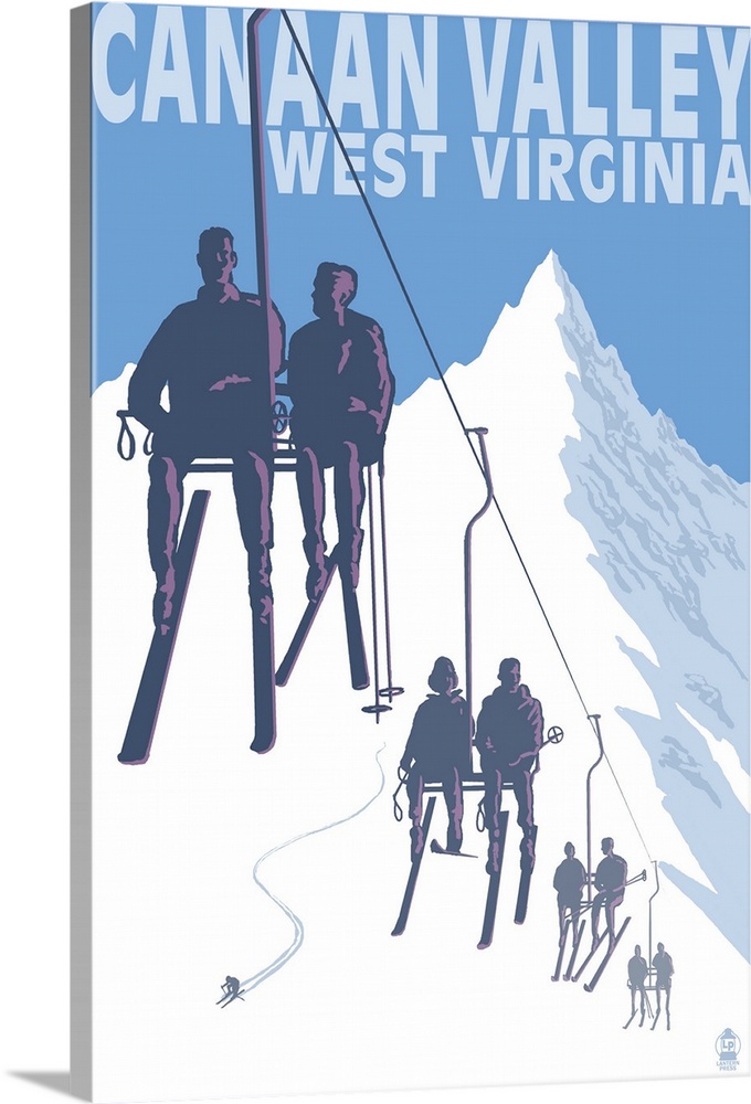 Canaan Valley, West Virginia - Skiers on Lift: Retro Travel Poster