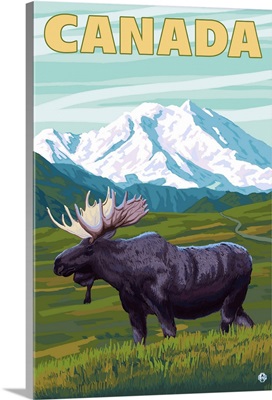 Canada - Moose and Mountain: Retro Travel Poster
