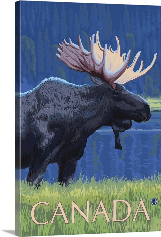 Canada - Night Moose: Retro Travel Poster