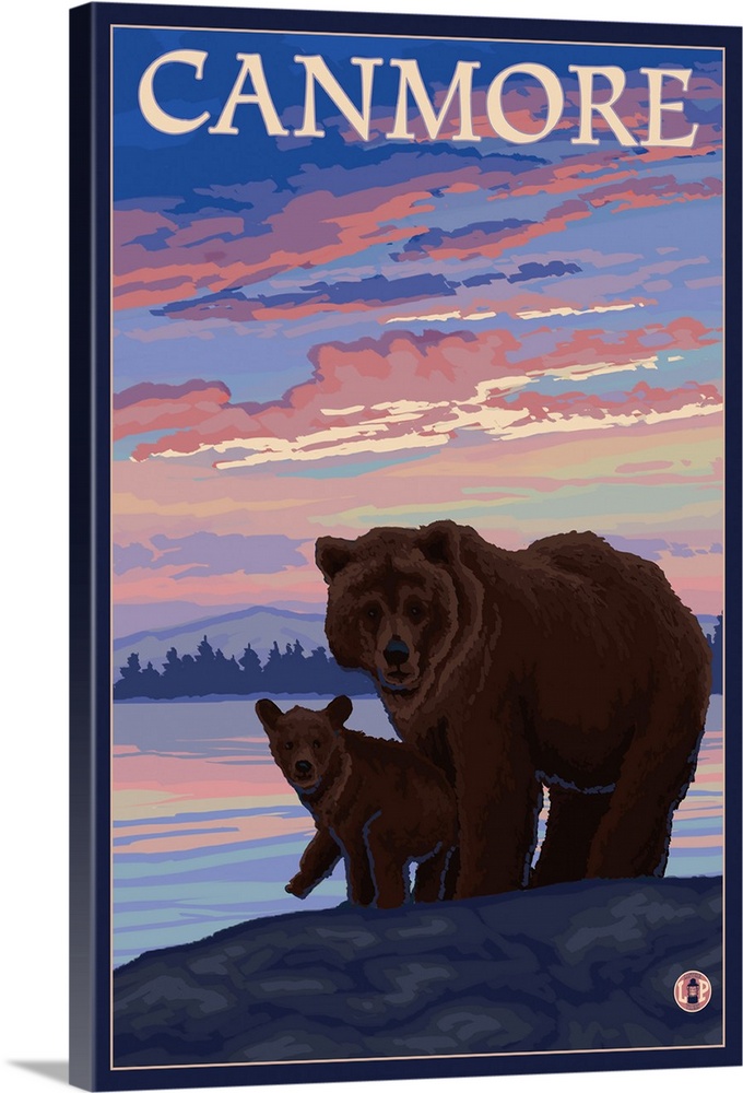 Canmore, Alberta, Canada - Bear and Cub: Retro Travel Poster